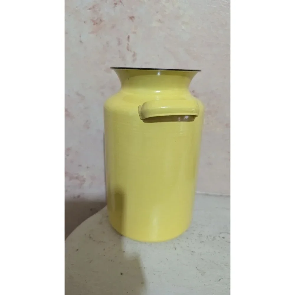 Yellow Enamel Milk Can Vase Farmhouse Rustic Decorative Pitcher with Handles 8in